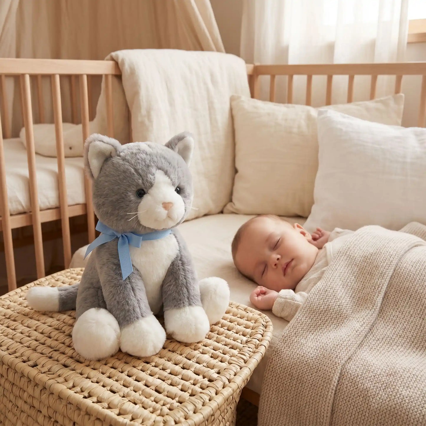 chat peluche 18cm berceau bebe dort