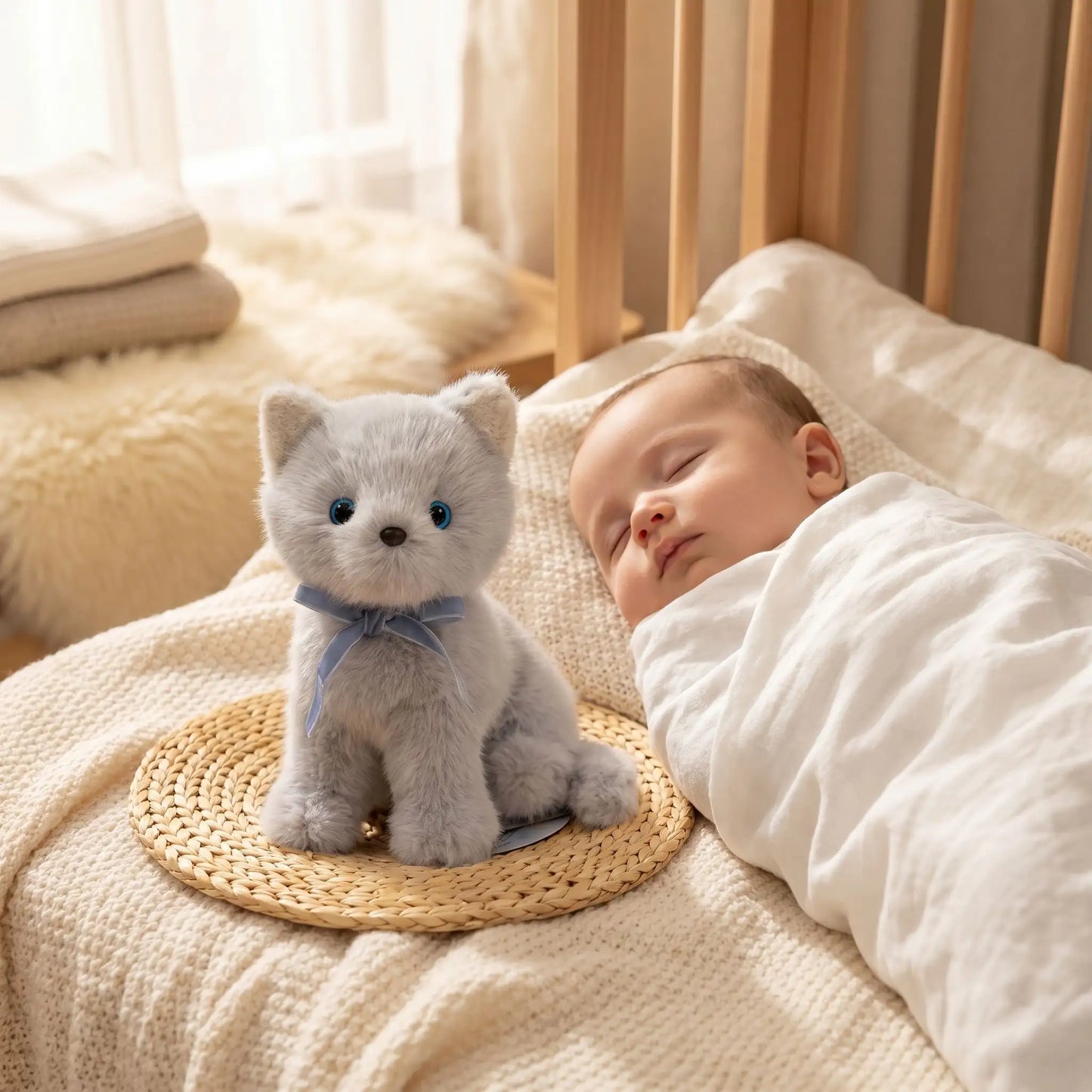 chats peluche realiste dort bebe