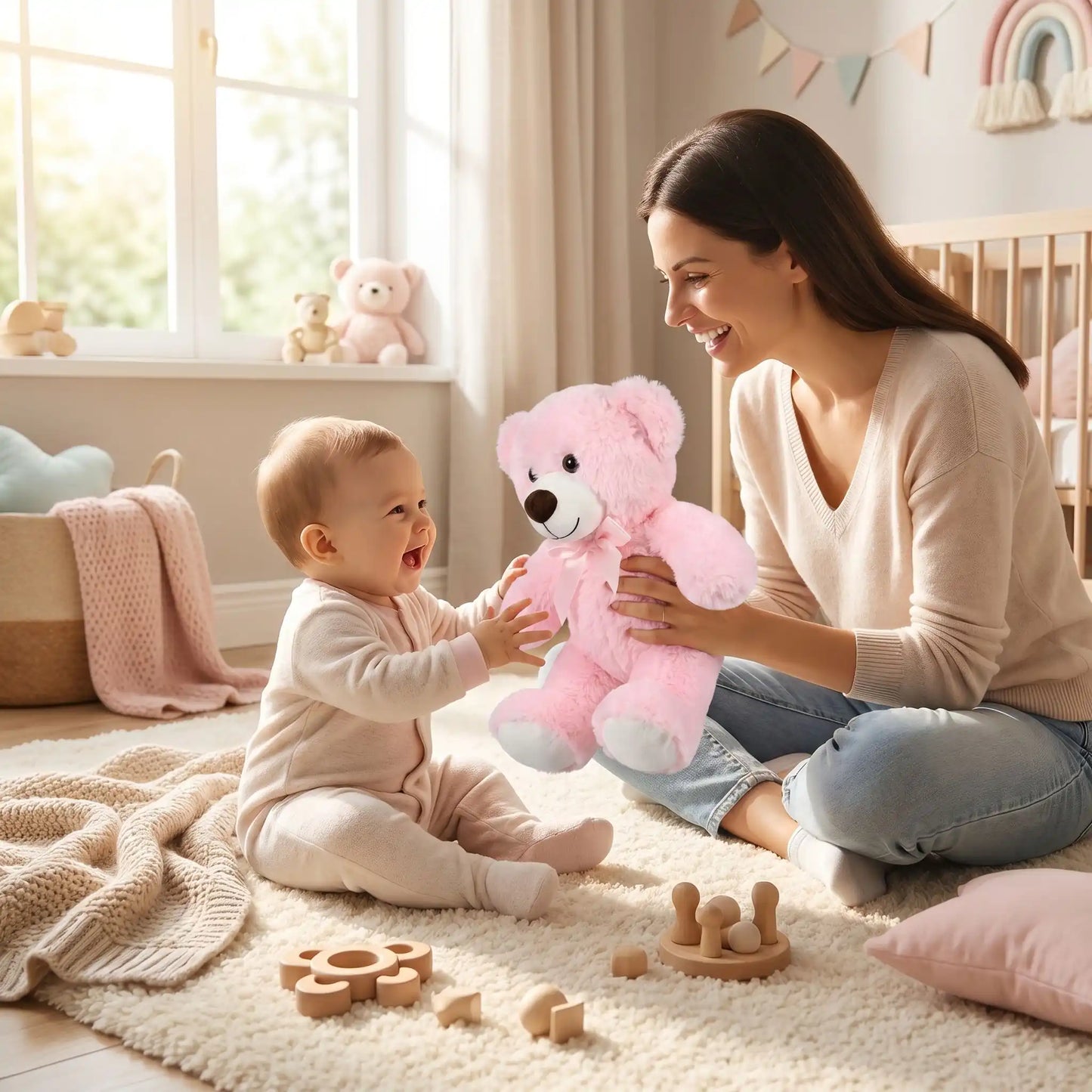 gros ours en peluche rose maman assis