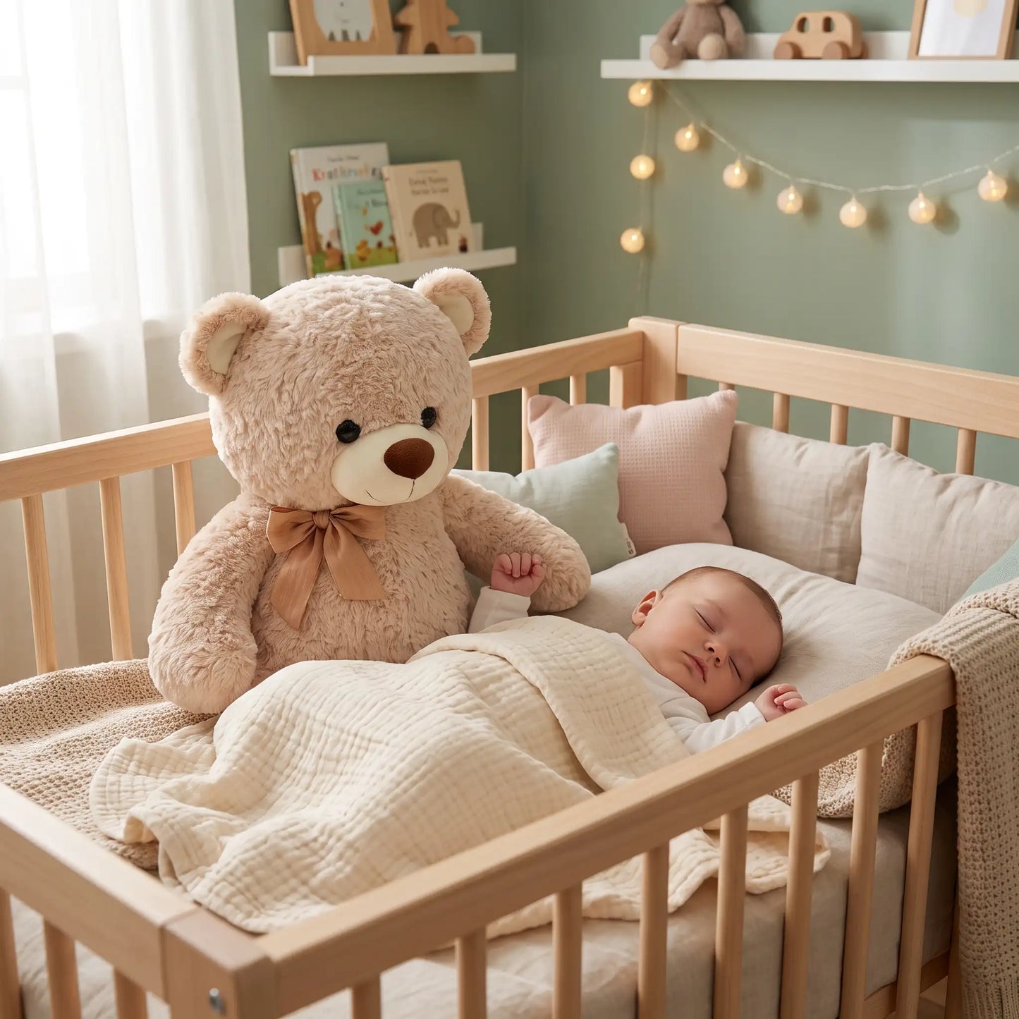 jouet petit ours brun bebe dort berceau beige