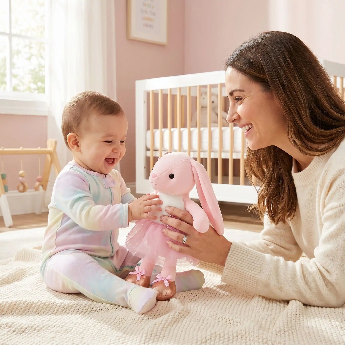 lapin peluche rose maman joue bebe