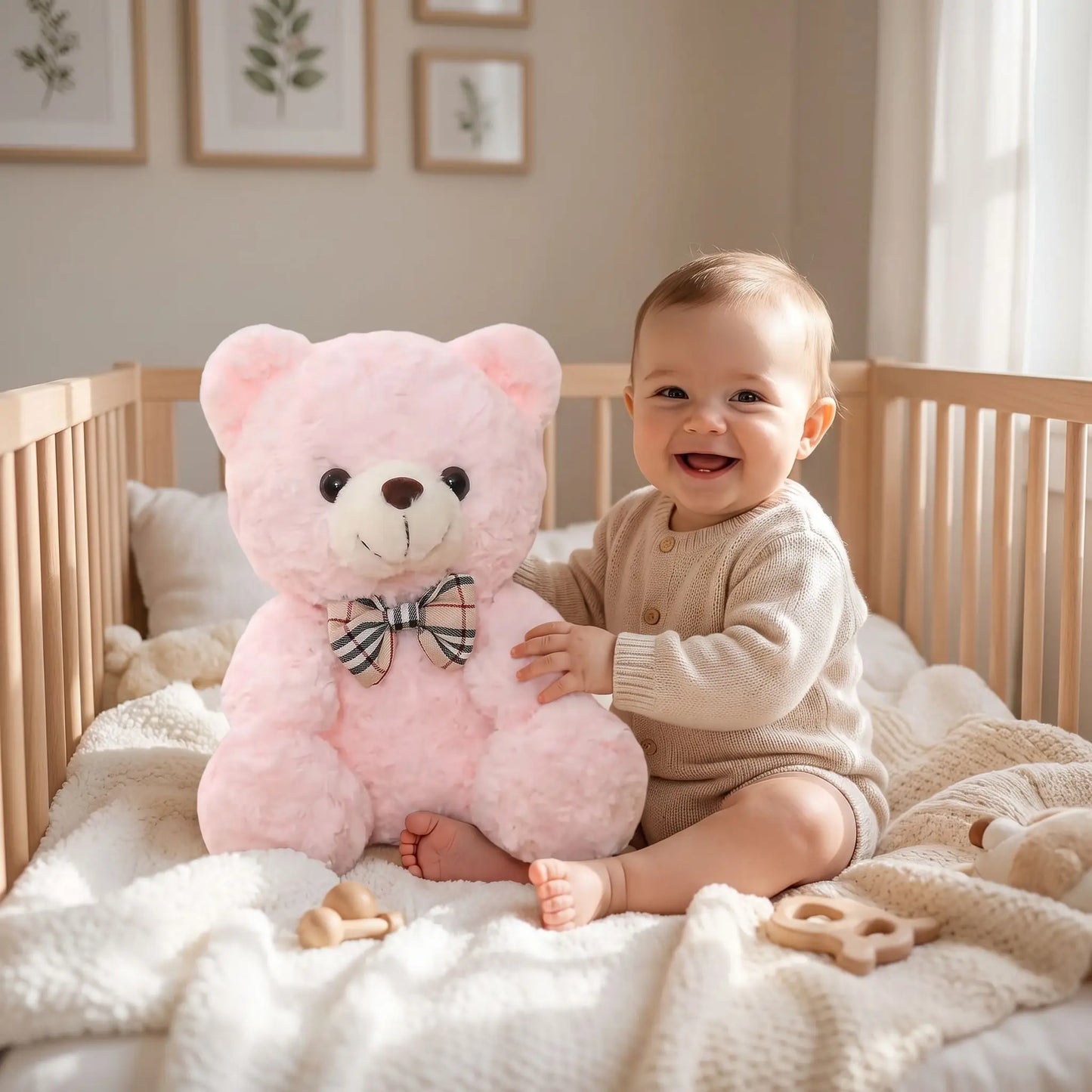 ours en peluche bebe assis berceau rose