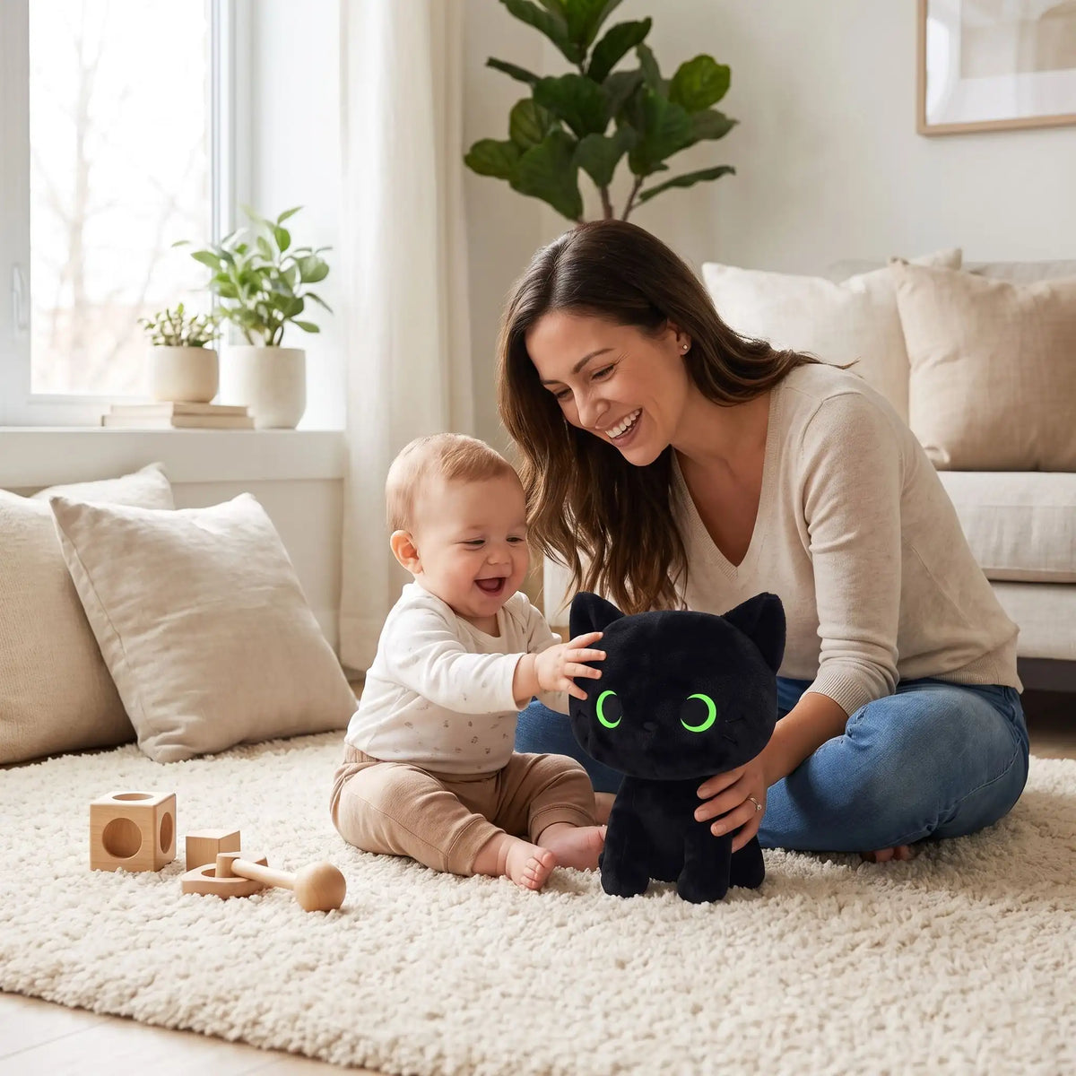 peluche chat noir eveil maman joue assis noir
