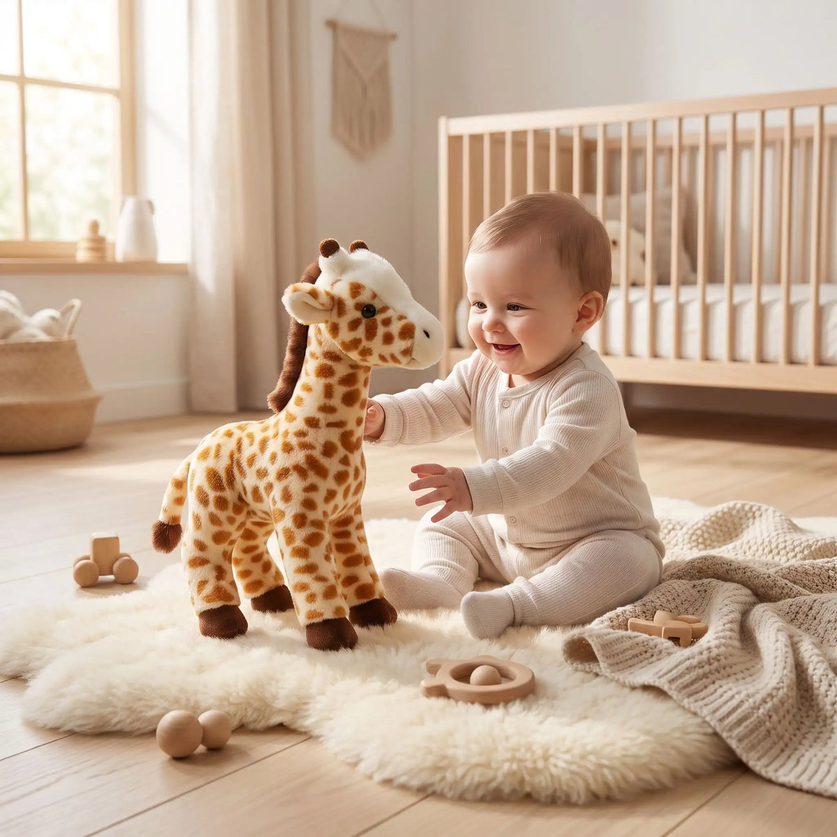 peluche girafe bebe joue assis tapis