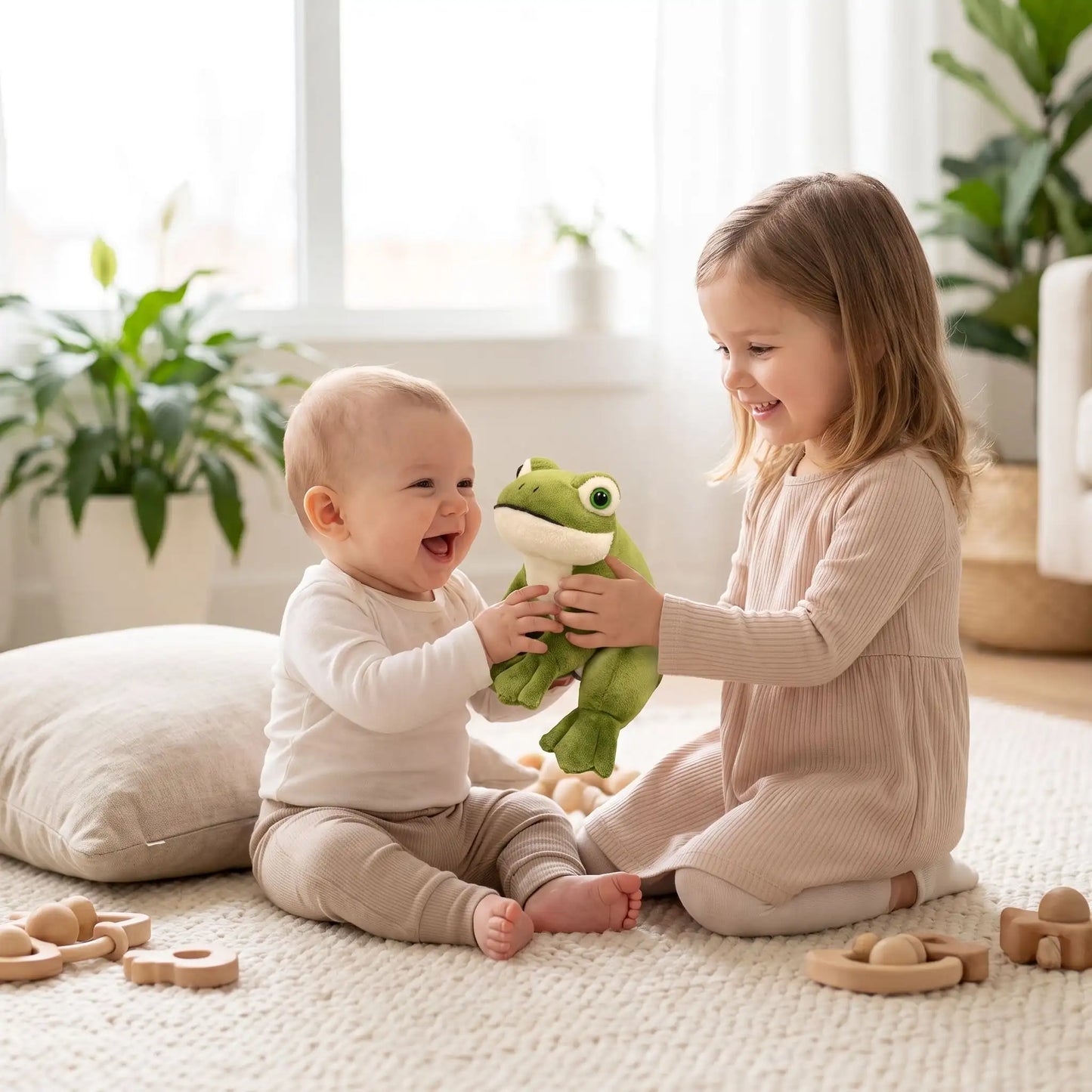 peluche grenouille soeur joue bebe assis
