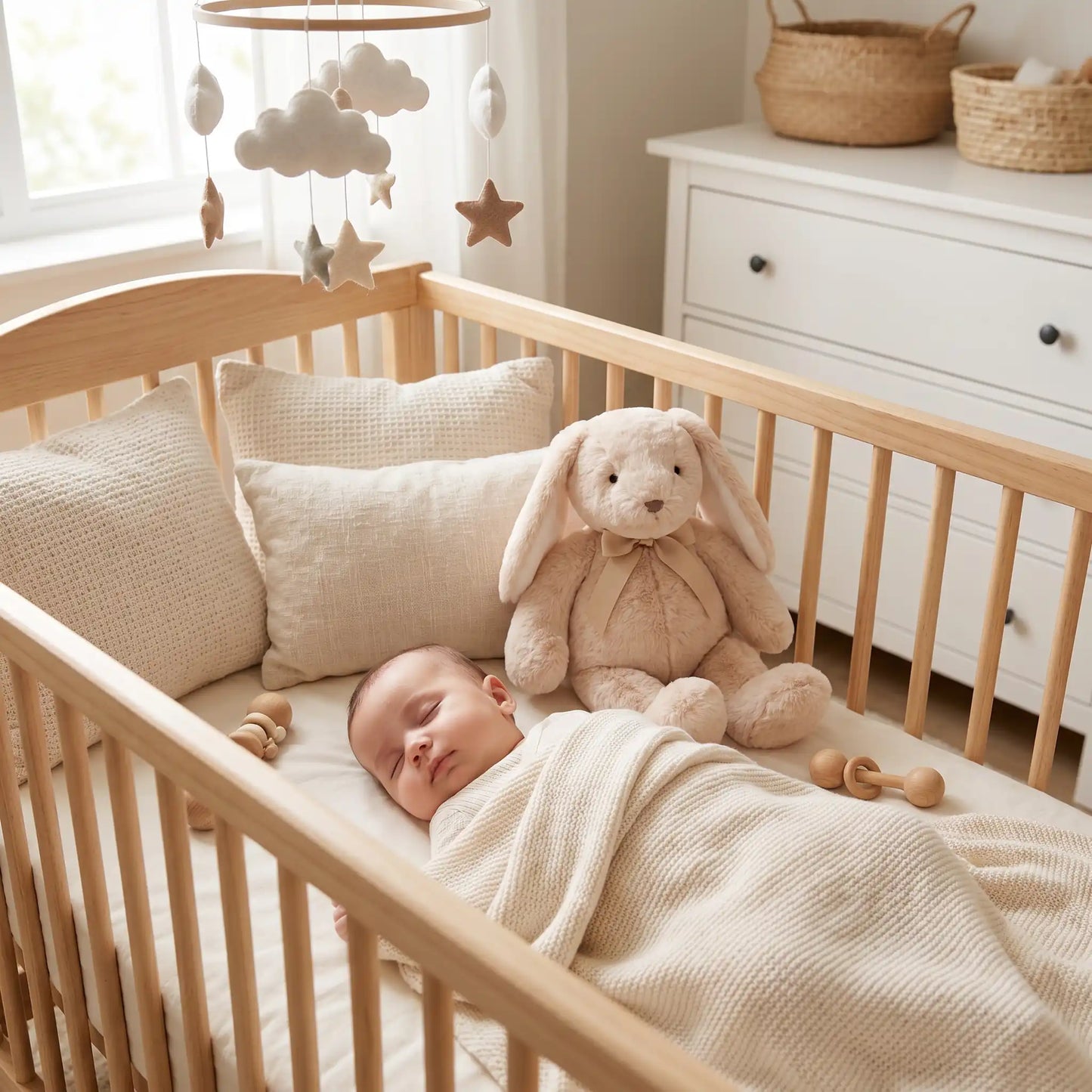 peluche lapin berceau bebe dort creme