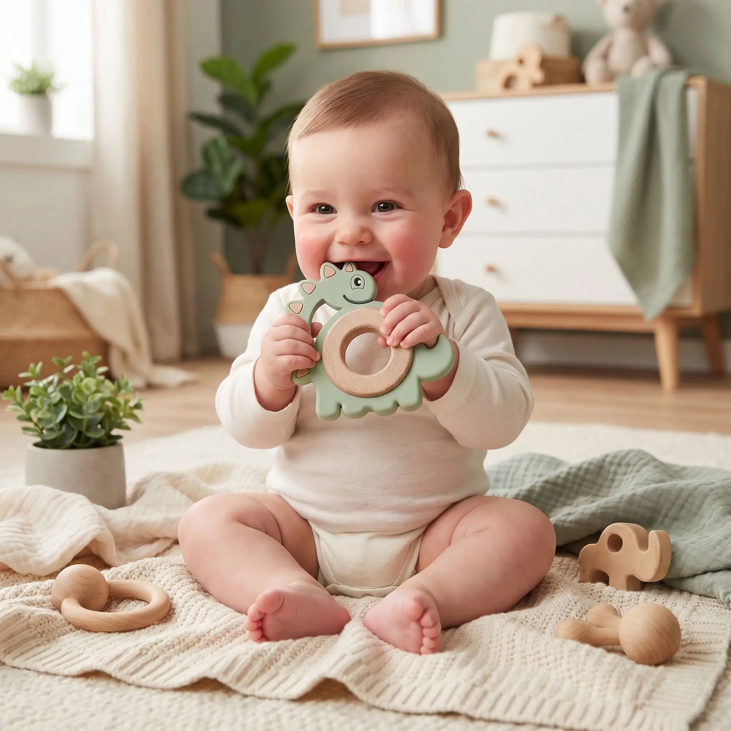 anneau de dentition assis bebe vert