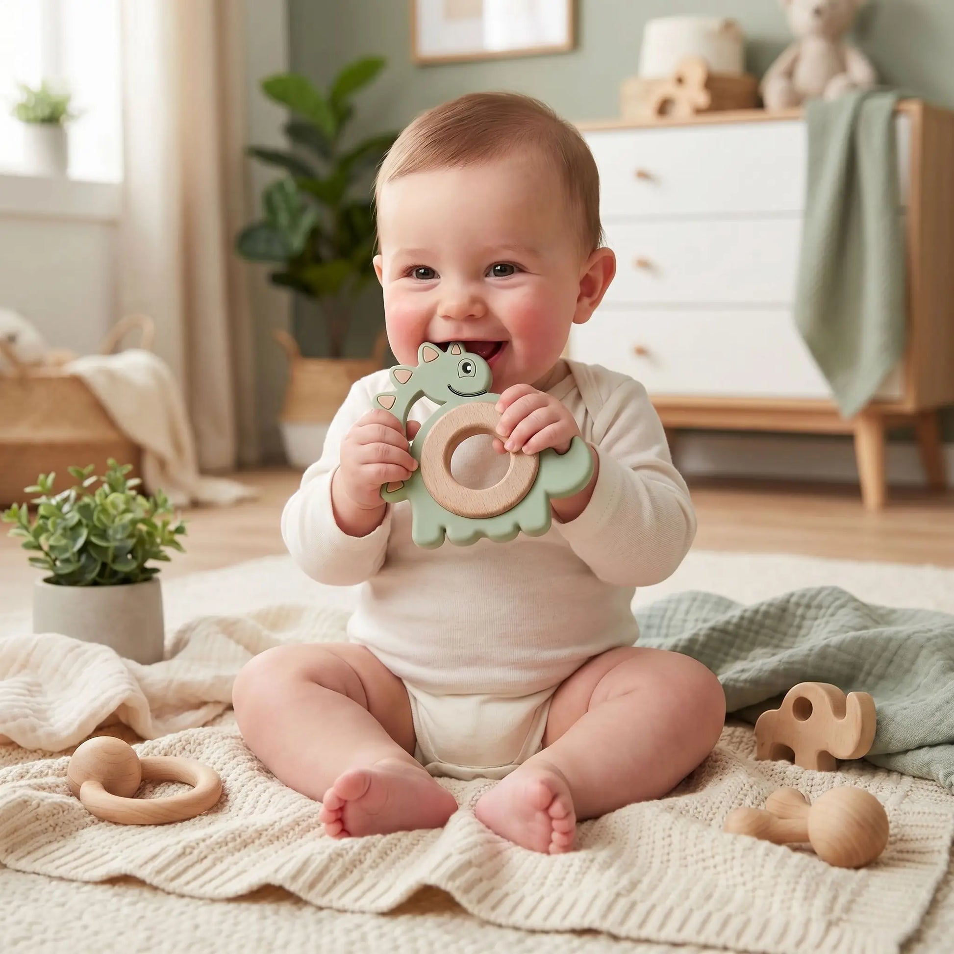 anneau de dentition assis bebe vert