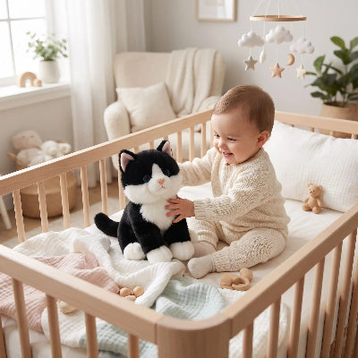chat en peluche noir bebe joue berceau noir