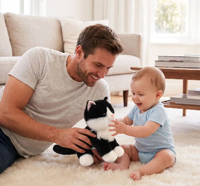 chat en peluche noir papa bebe noir banc