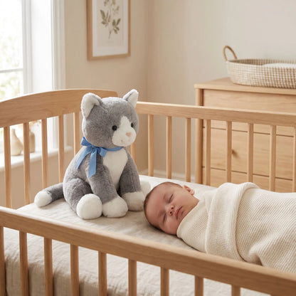 chat  noir en peluche noir bebe dort berceau
