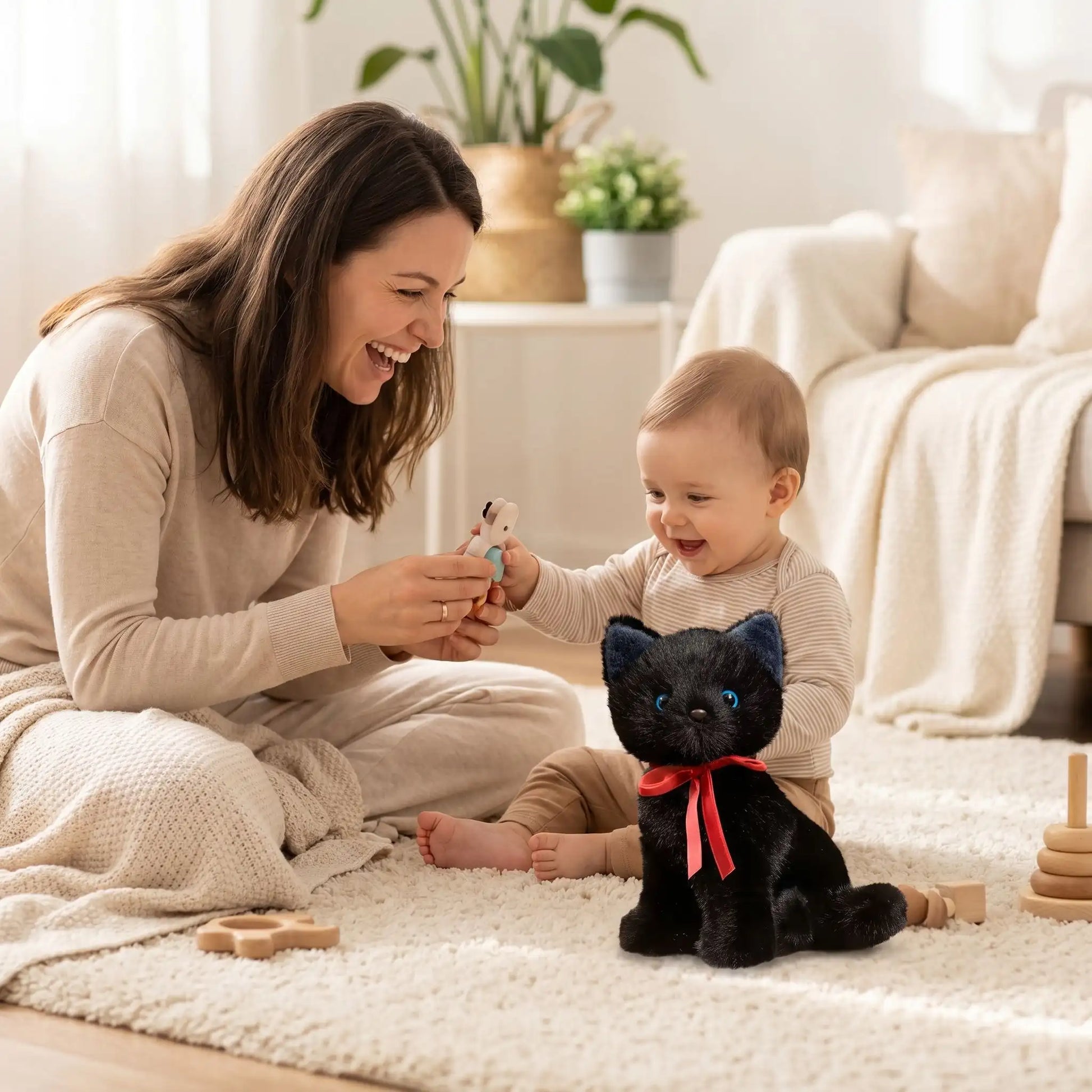 chat noir en peluche noir bebe maman assis
