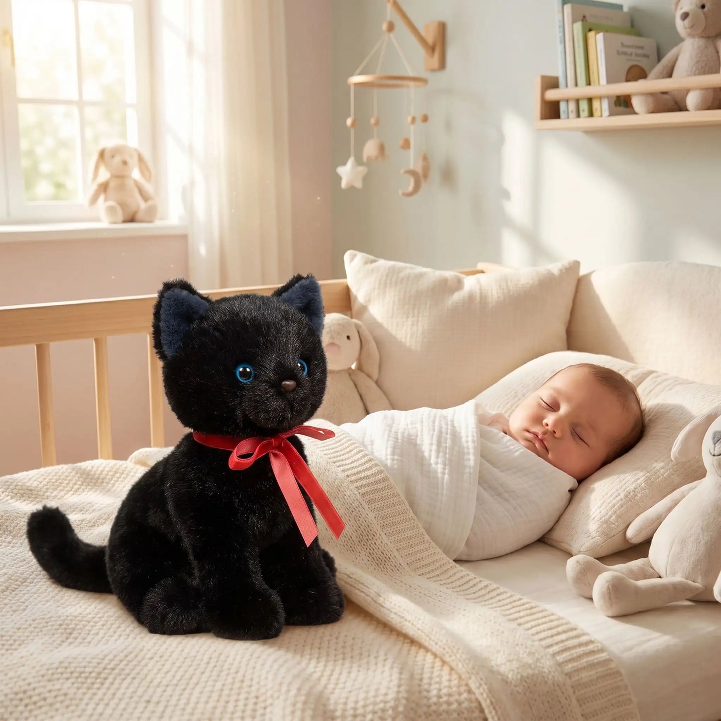 chat noir en peluche noir dort bebe berceau
