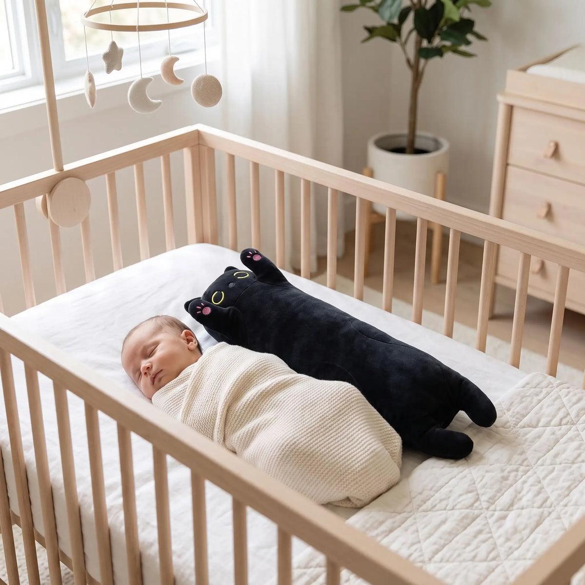 chat noir peluche doudou bebe dort berceau noir