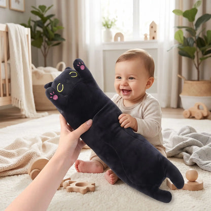 chat noir peluche doudou bebe joue assis noir