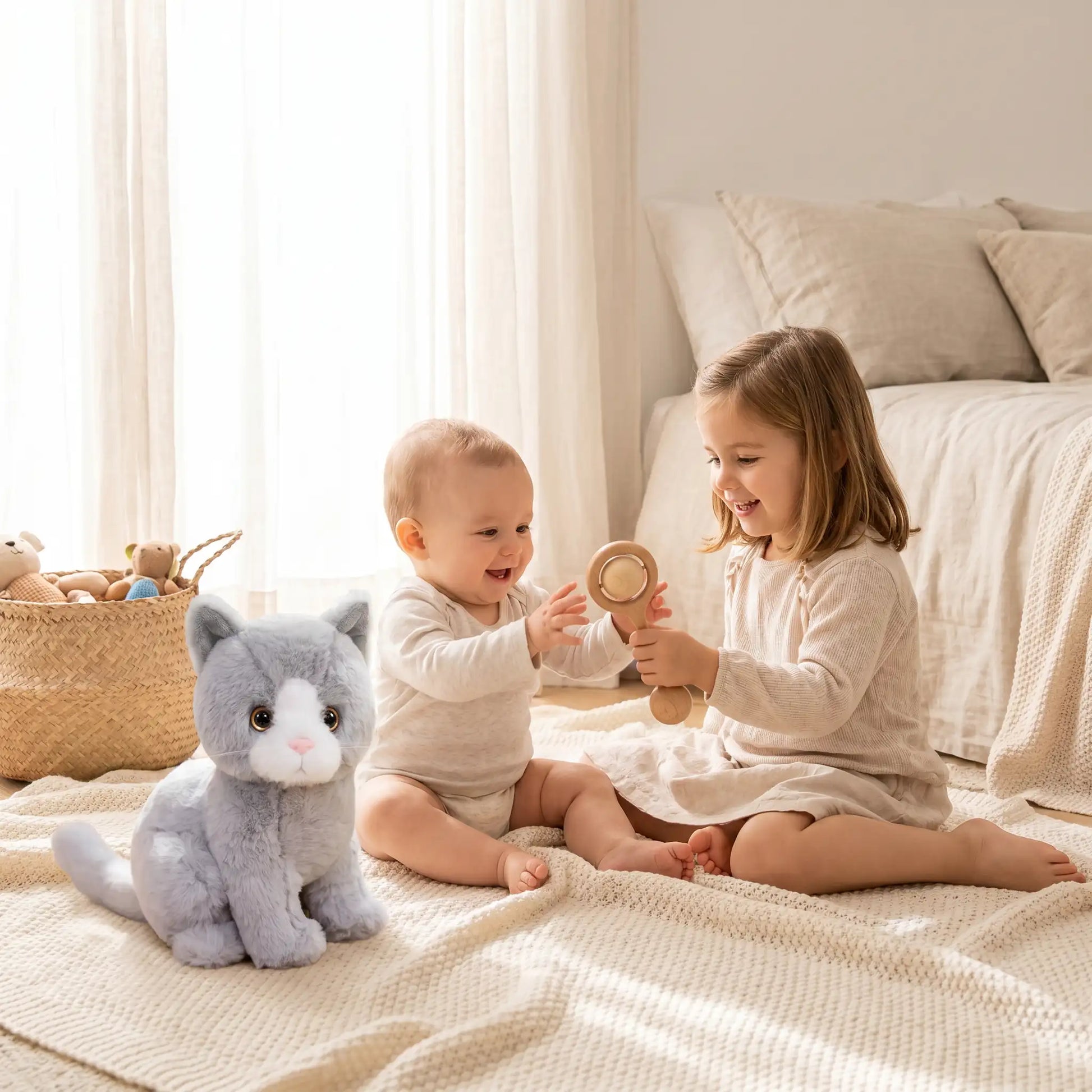 chats en peluches 26cm soeur assis bebe