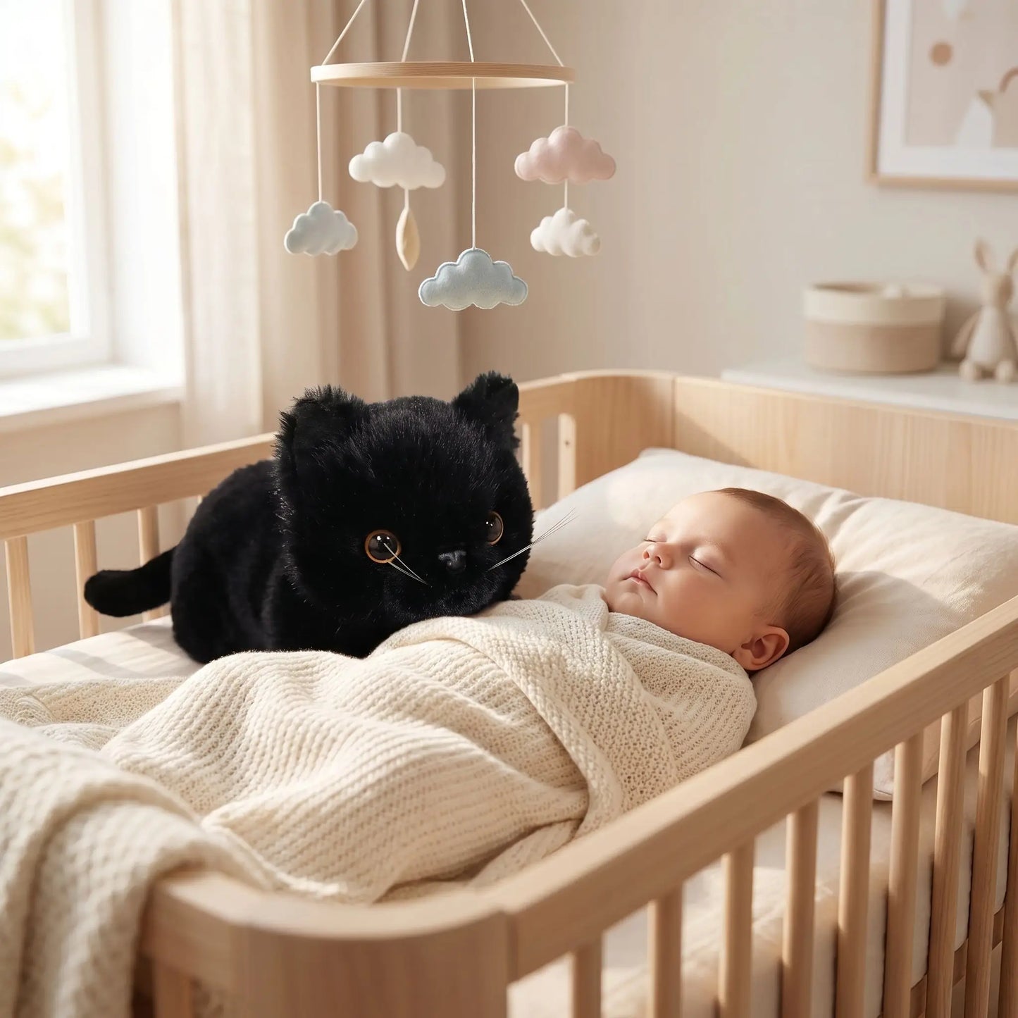 chats en peluches 53cm berceau bebe dort