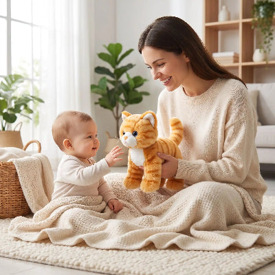 chats peluche bebe maman jaune joue