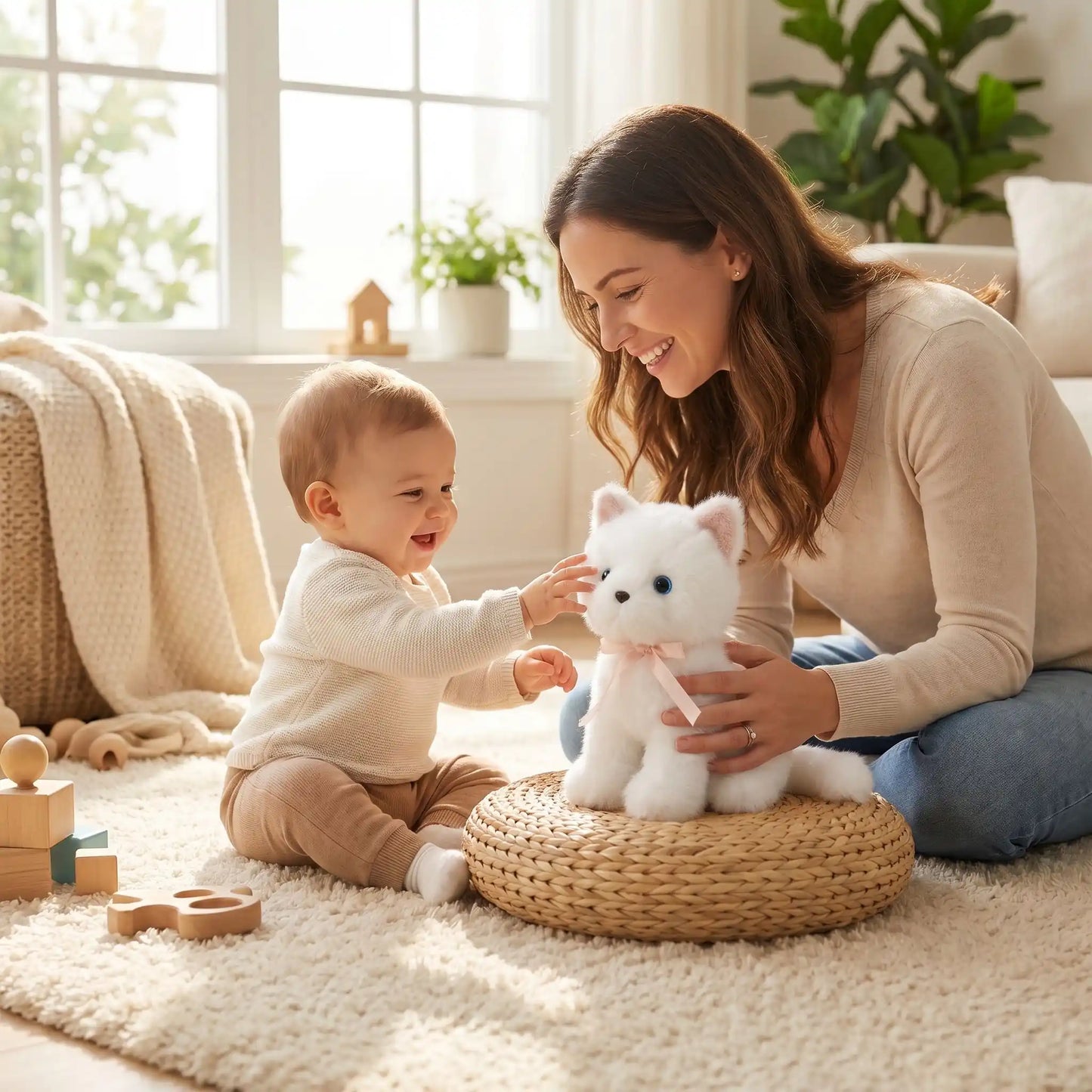 chats peluche realiste bebe maman assis