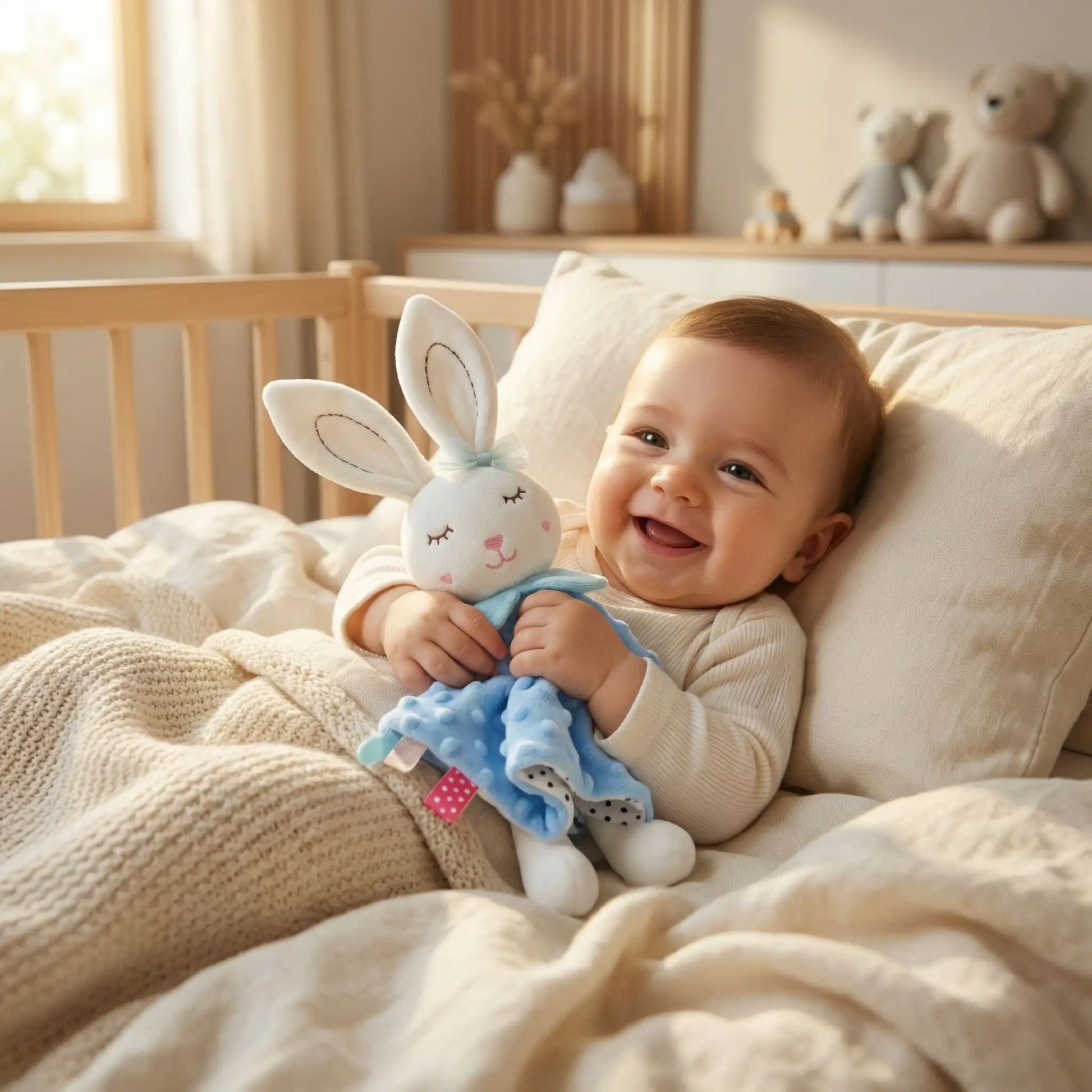 doudou lapin bleu bebe sourire