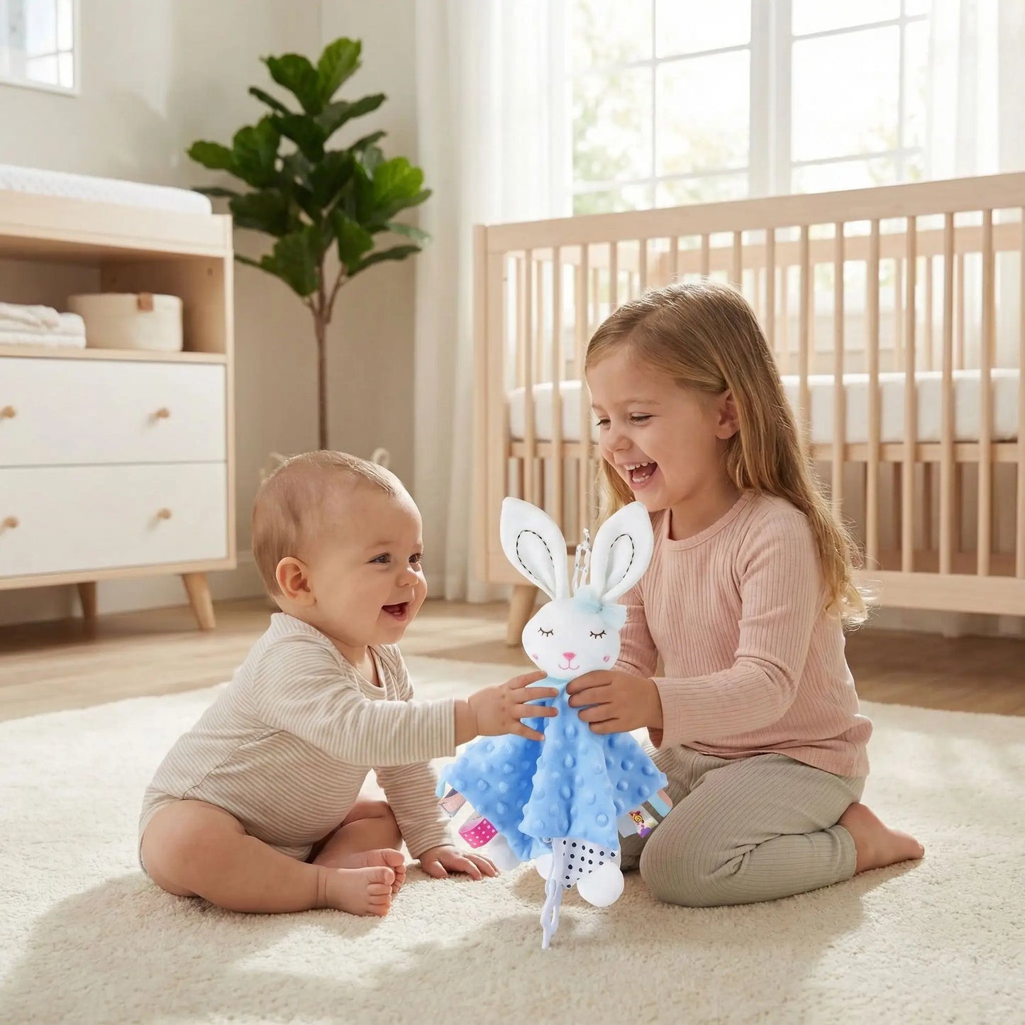 doudou lapin bleu soeur bebe