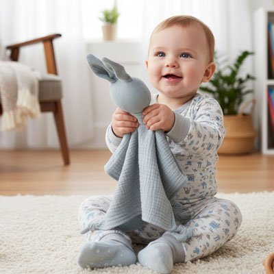 doudou lapin gris-bleu