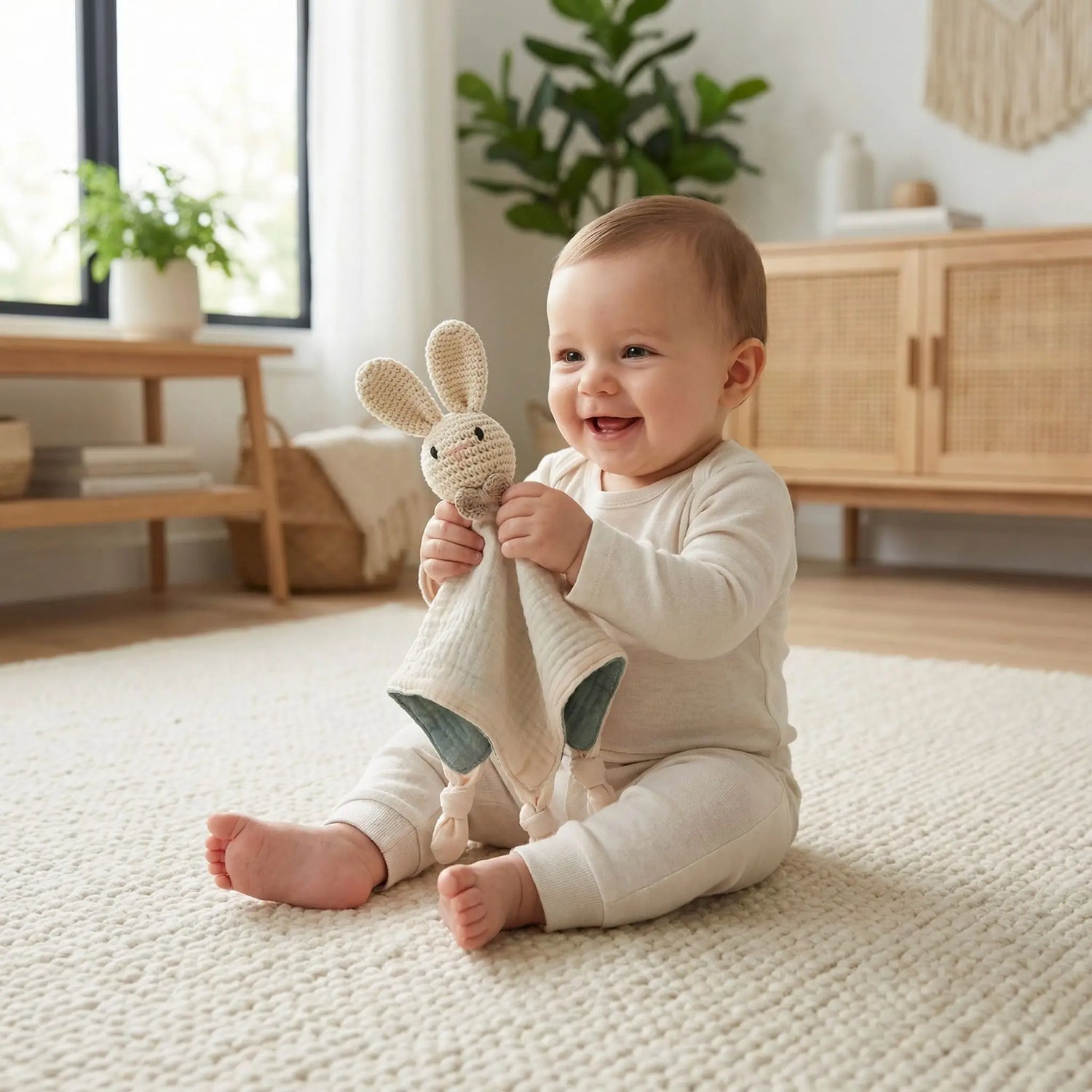 doudou lapin rose bebe assis