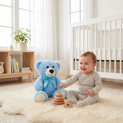 gros ours en peluche bleu bebe assis