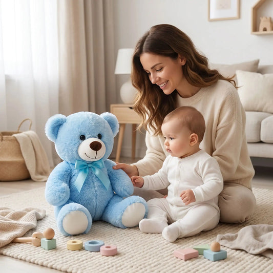 gros ours en peluche bleu maman assis