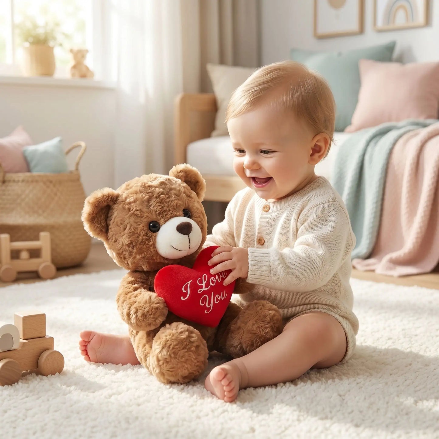 gros ours en peluche brun bebe assis joue