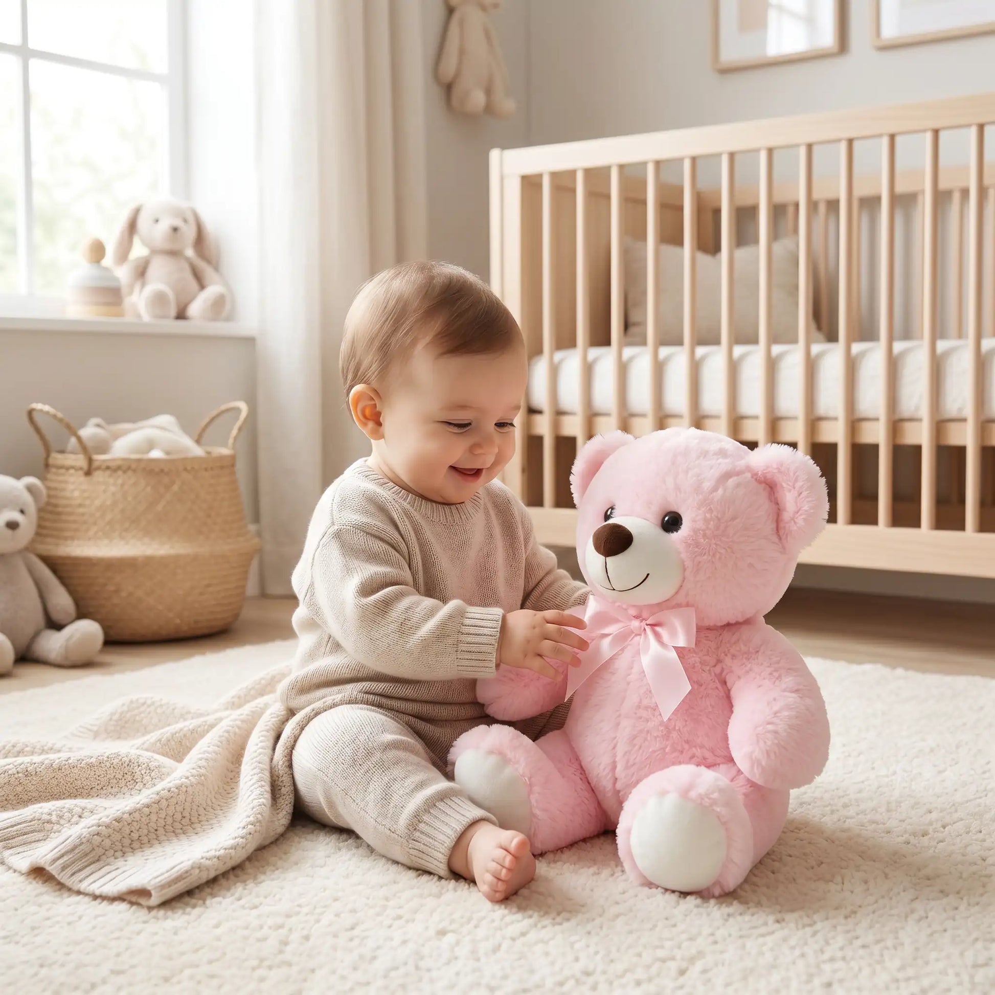gros ours en peluche rose bebe assis