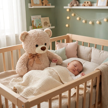 jouet petit ours brun bebe dort berceau beige