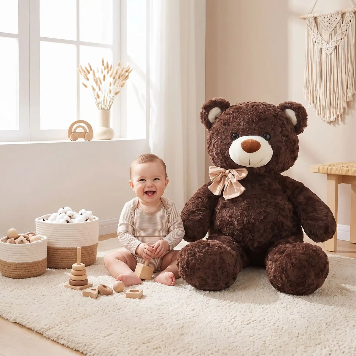 jouet petit ours brun bebe joue assis brun