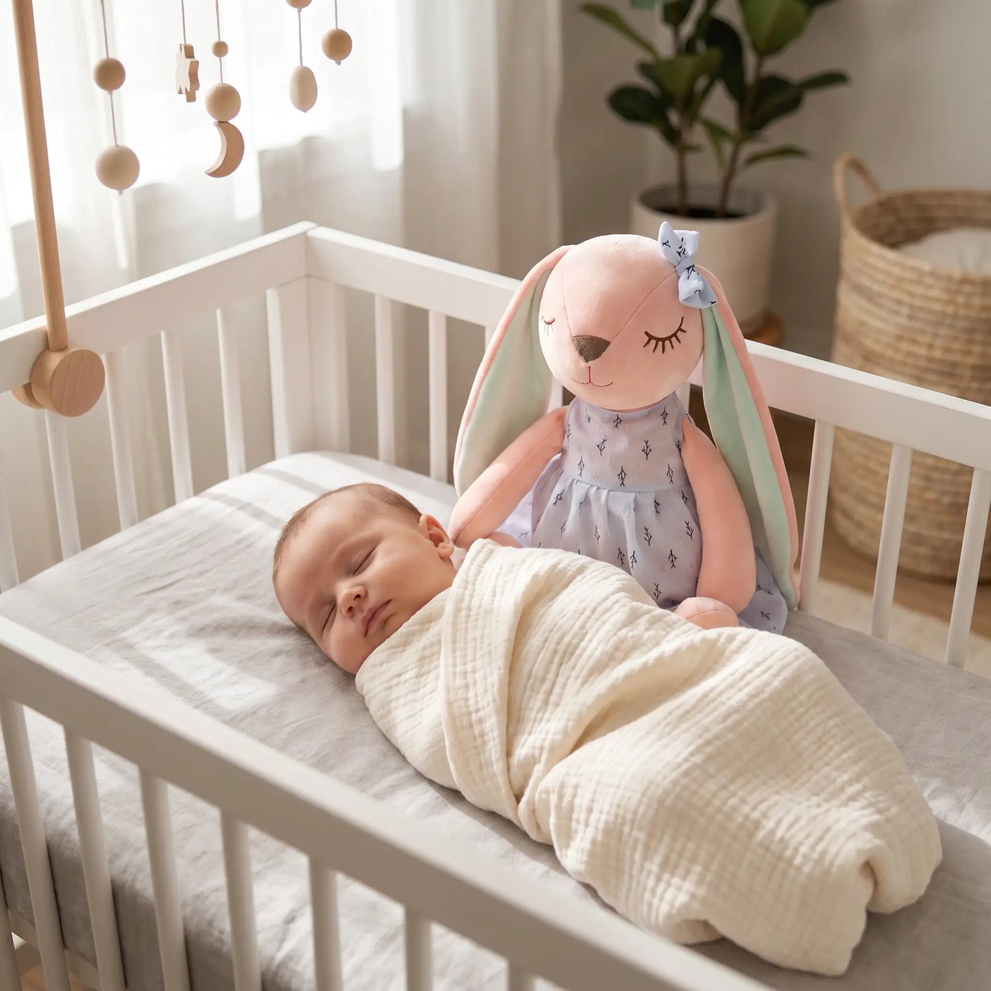 lapin en peluche 35 bebe dort berceau bleu