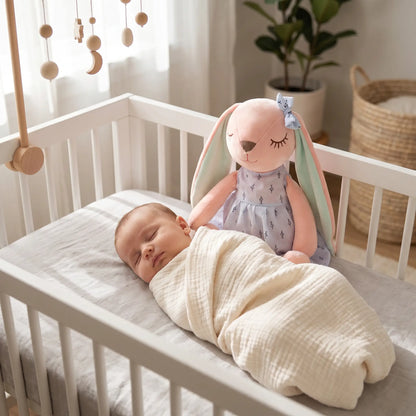 lapin en peluche 35 bebe dort berceau bleu
