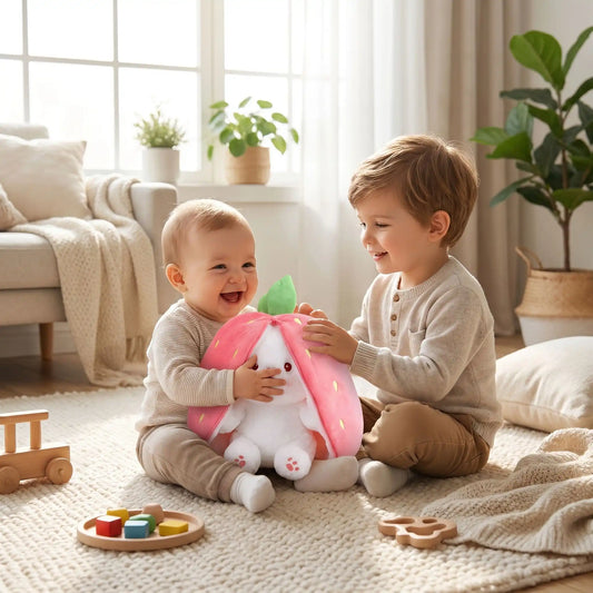 lapin en peluche bebe frere joue rose
