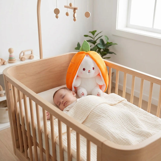 lapin en peluche geante bebe dort berceau orange