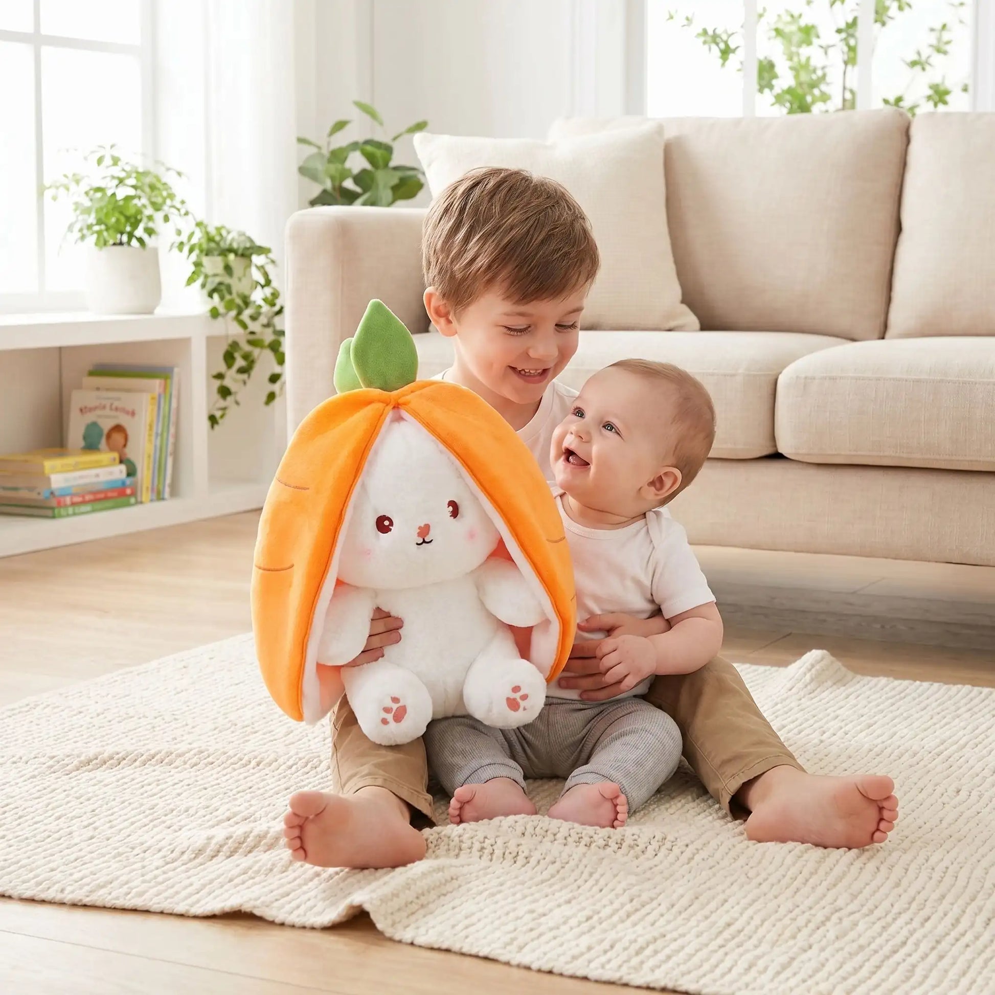 lapin en peluche geante frere joue bebe orange