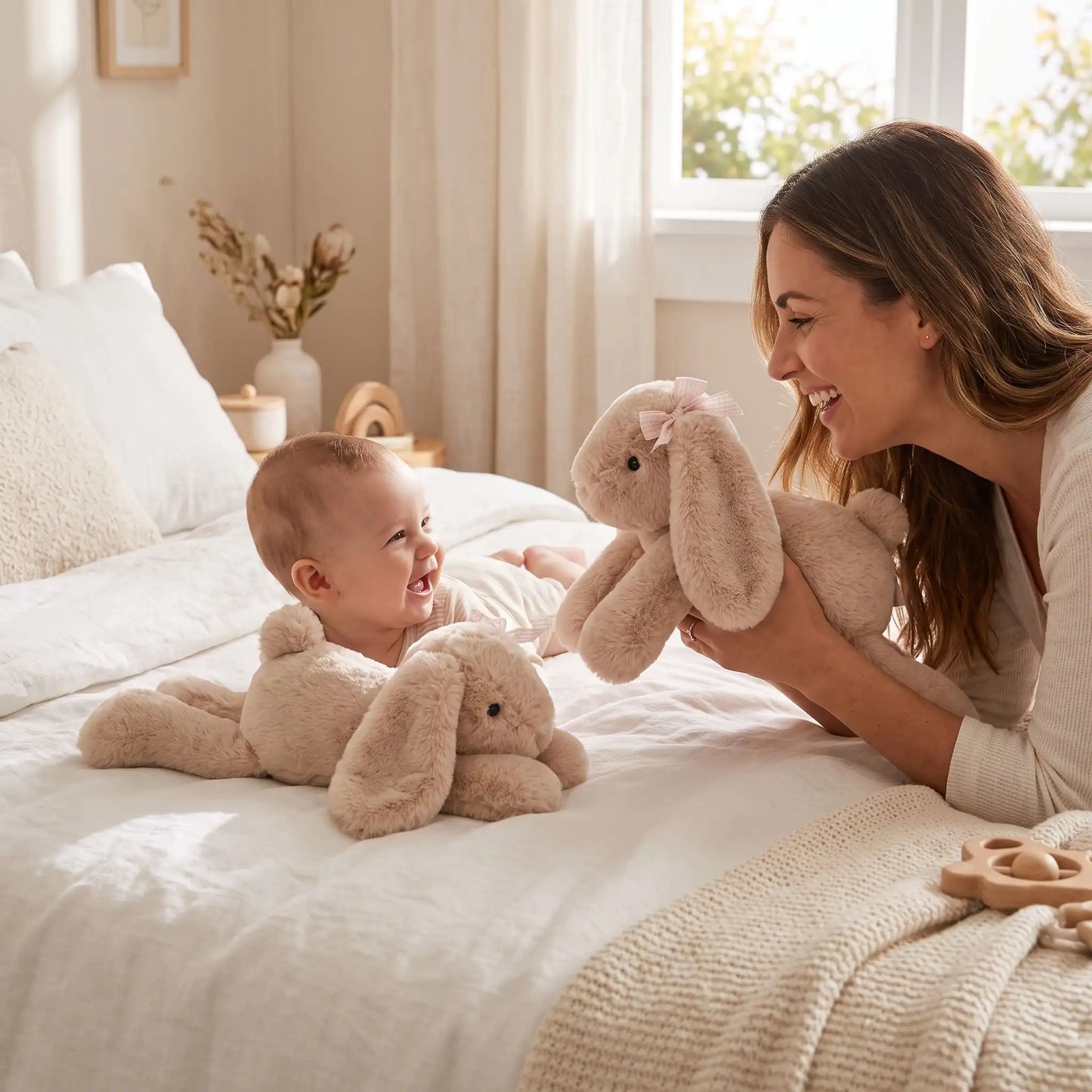 lapin en peluche maman joue bebe lapin beige