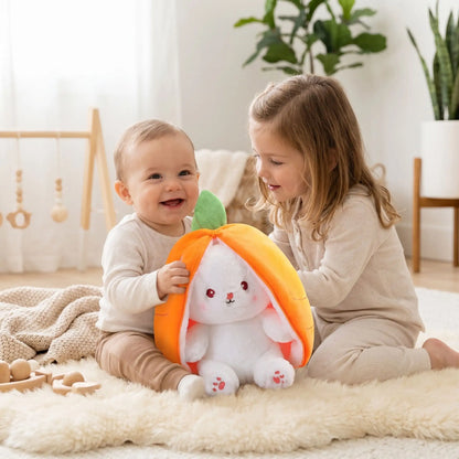 lapin en peluche soeur joue bebe orange