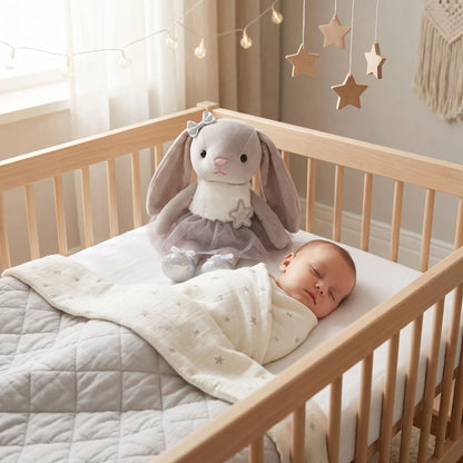 lapin peluche berceau gris dort bebe