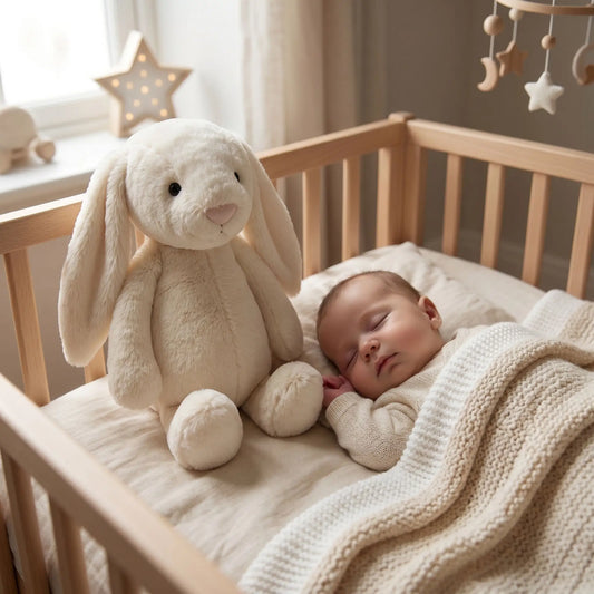 lapin peluche blanc bebe dort berceau