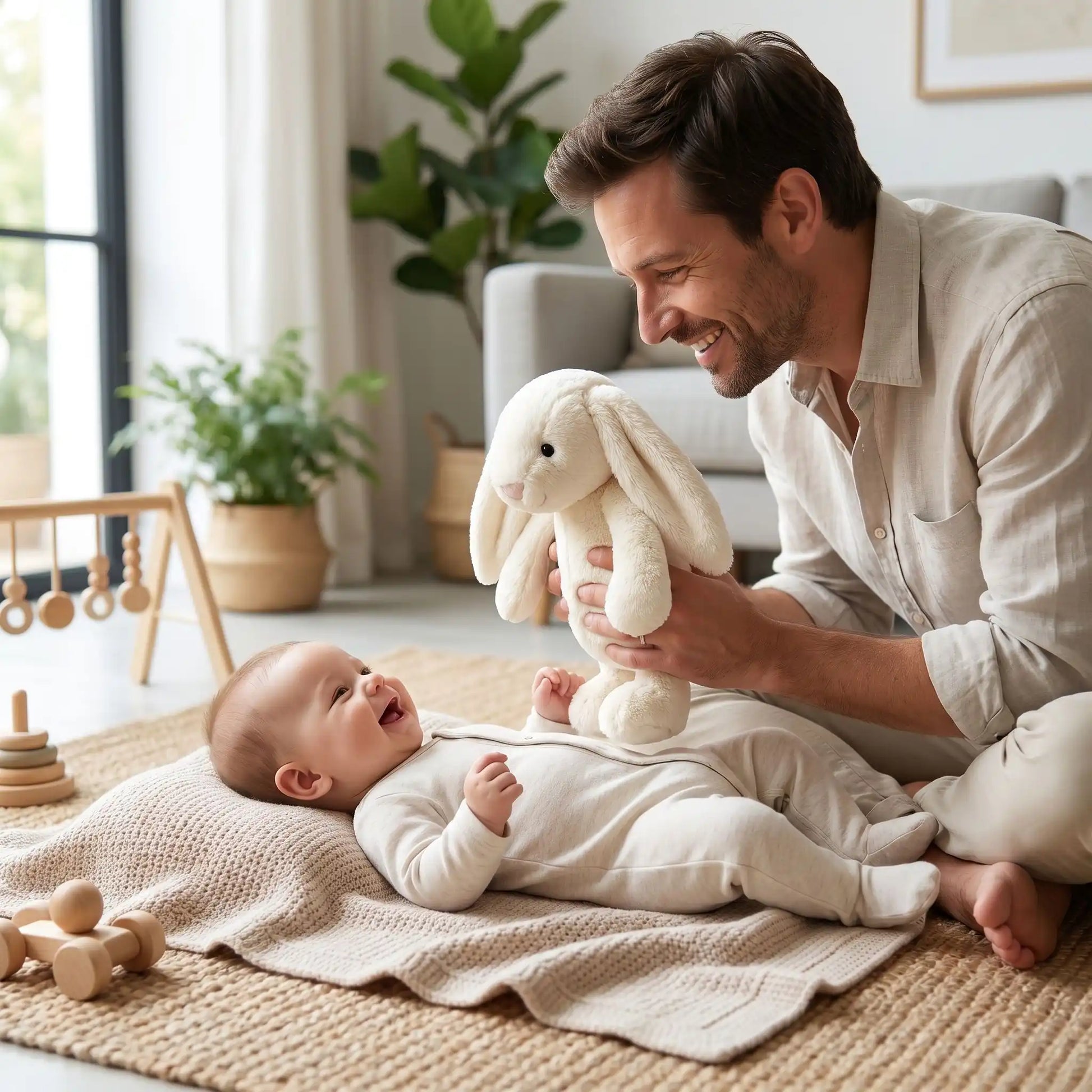 lapin peluche blanc papa bebe joue