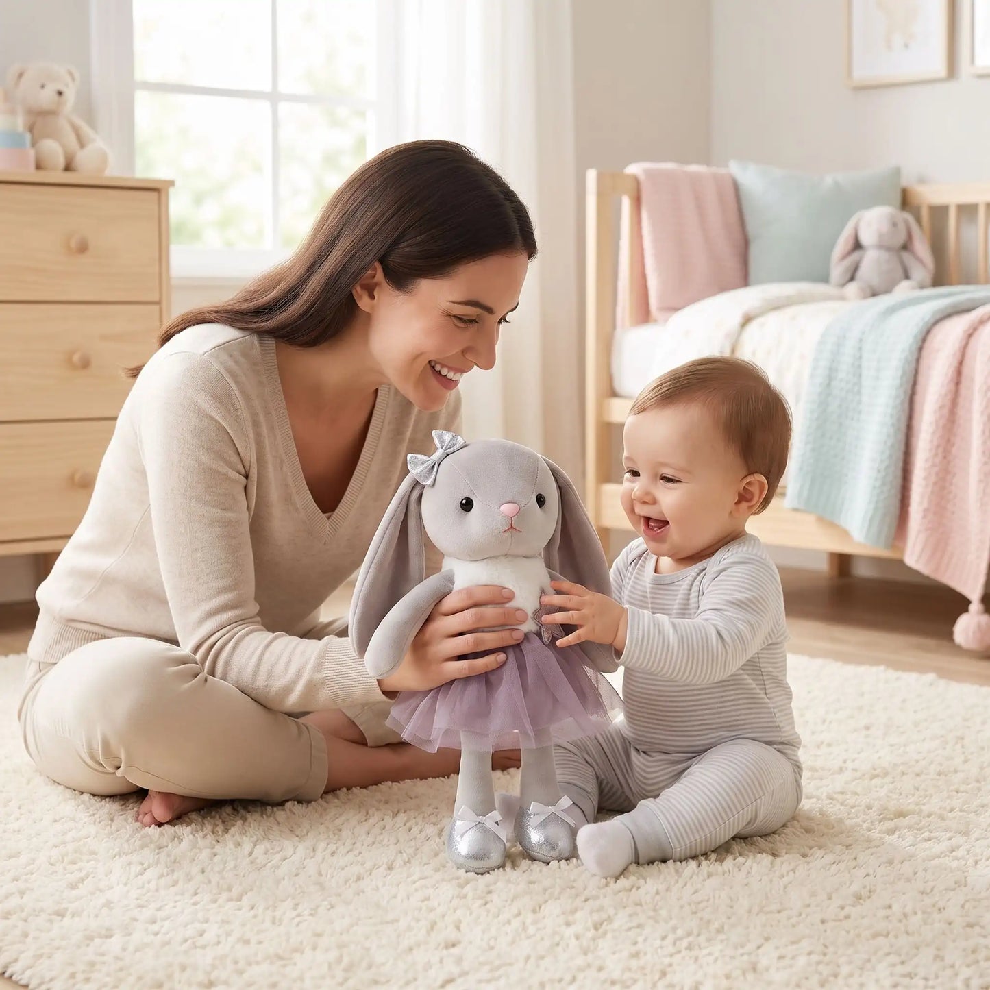 lapin peluche maman joue bebe assis