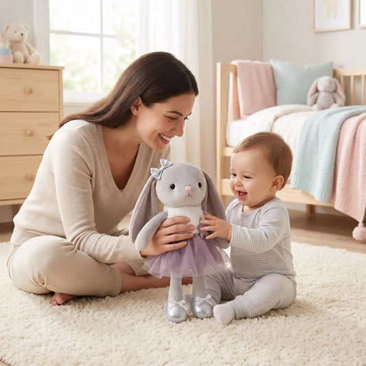 lapin peluche maman joue bebe assis