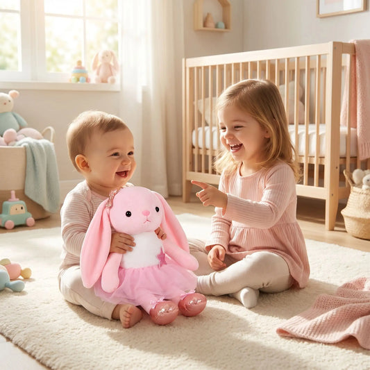 lapin peluche oeur bebe rose joue