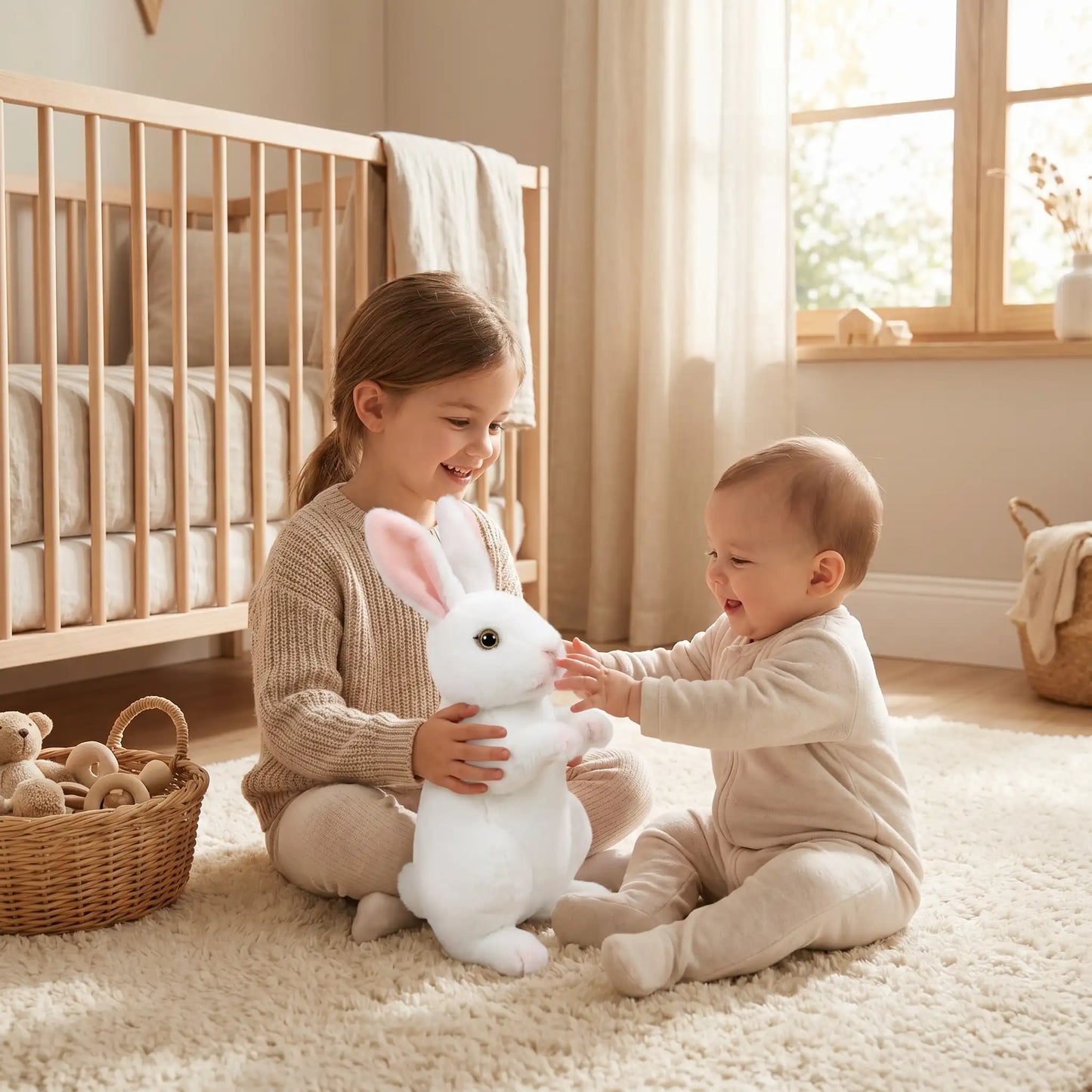 lapin peluche assis soeur bebe joue