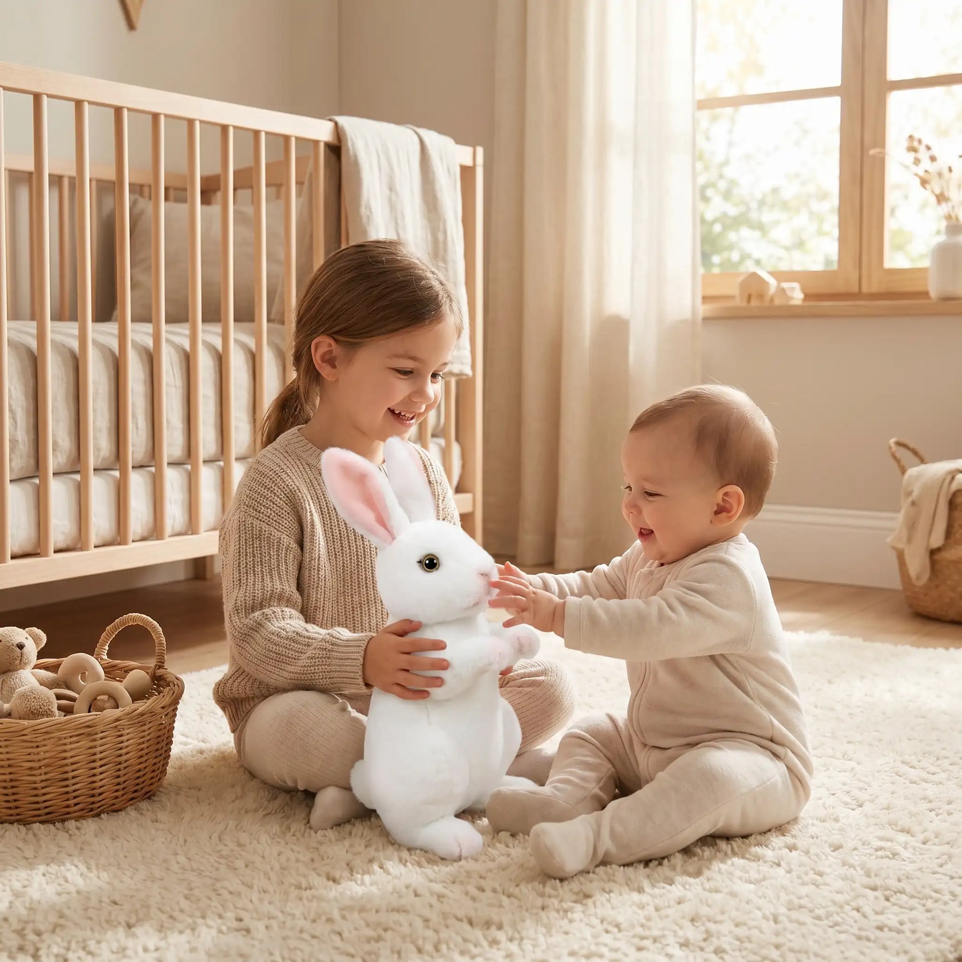 lapin peluche assis soeur bebe joue