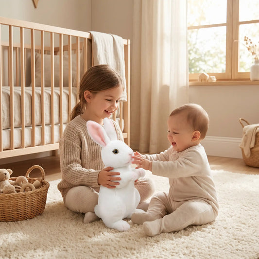 lapin peluche assis soeur bebe joue