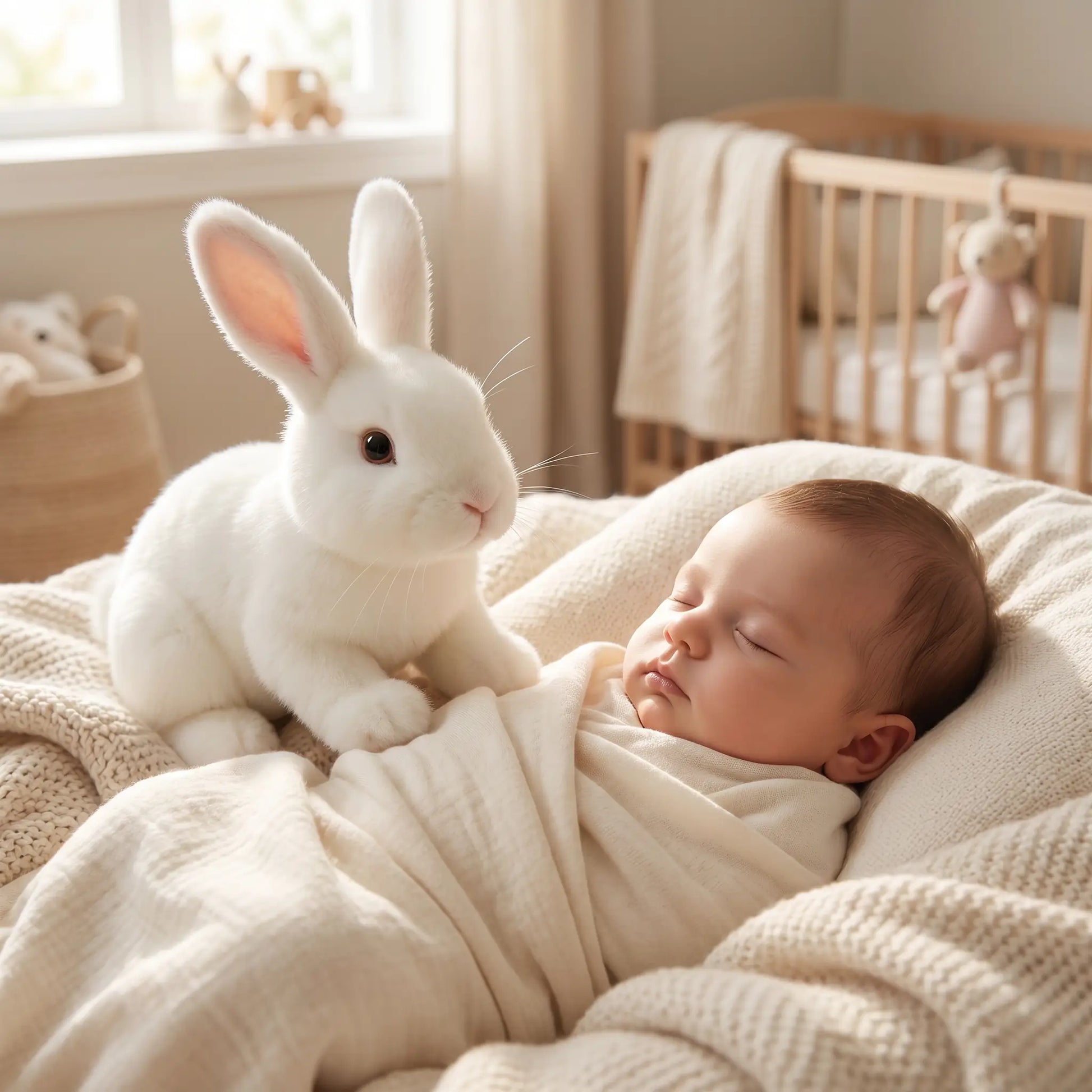 lapins peluche bebe dort blanc berceau